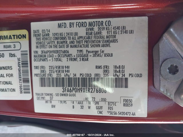 Ford FUSION SE 2014 3FA6P0H9XER276806 Image 9