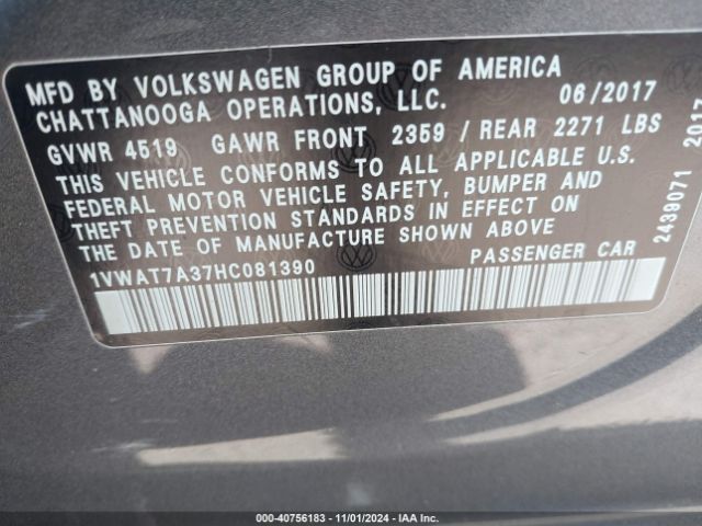 1VWAT7A37HC081390 Volkswagen Passat 1.8t S