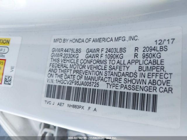 1HGCV2F95JA005725 Honda Accord Touring 2.0t