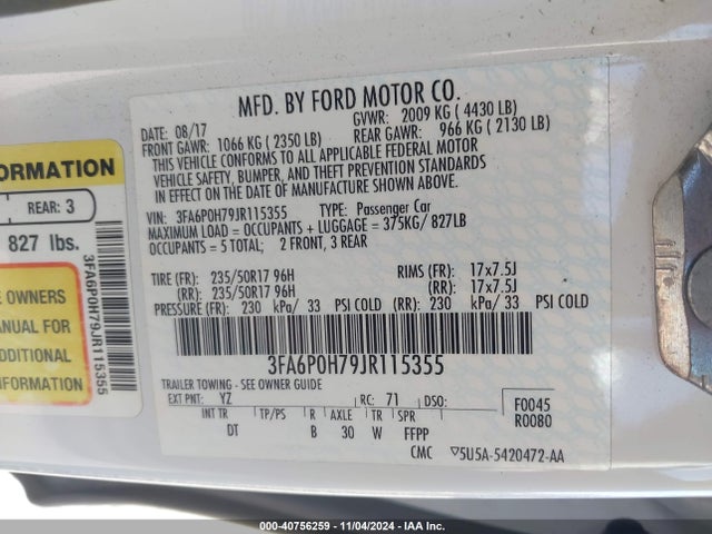 Ford FUSION SE 2018 3FA6P0H79JR115355 Image 9