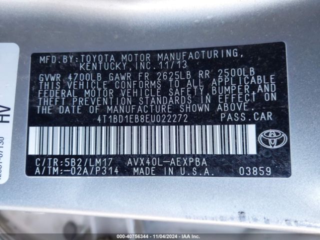 4T1BD1EB8EU022272 Toyota Avalon Hybrid Limited