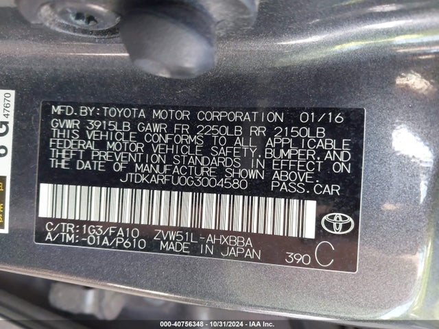 Toyota Prius Two Eco 2016 JTDKARFU0G3004580 Image 9