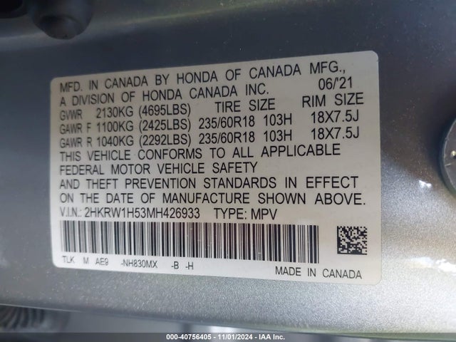 2HKRW1H53MH426933 Honda Cr-v 2wd Ex