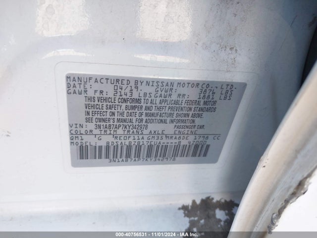 Nissan SENTRA S 2019 3N1AB7AP7KY342978 Image 9