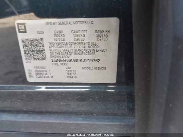 Chevrolet Traverse 1lt 2019 1GNERGKW0KJ219762 Image 9