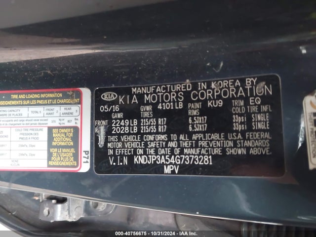 KIA SOUL + 2016 KNDJP3A54G7373281 Image 9
