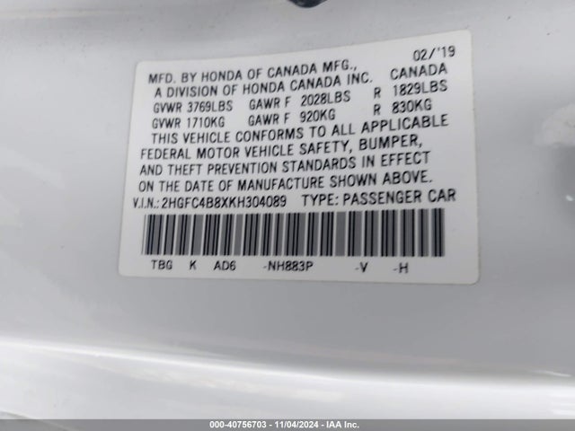 2HGFC4B8XKH304089 Honda Civic Sport