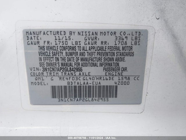 Nissan Versa 1.6 S 2016 3N1CN7AP2GL842955 Image 9