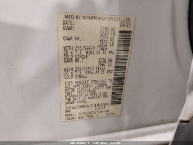 5N1AZ2MHXFN234496 Nissan Murano Platinum