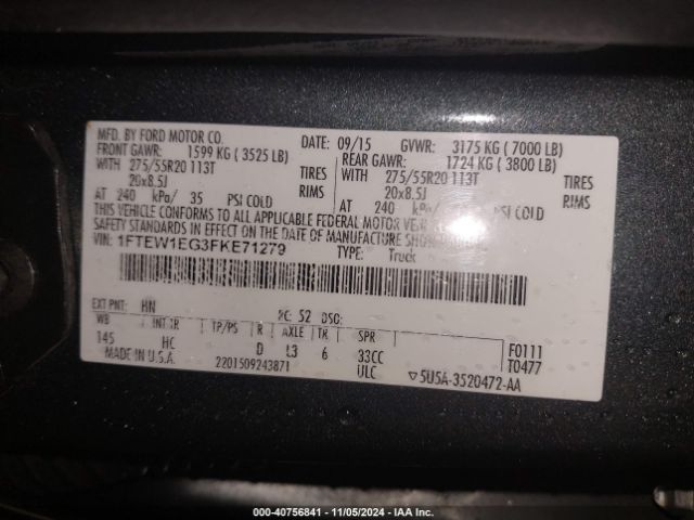 1FTEW1EG3FKE71279 Ford F-150 Lariat