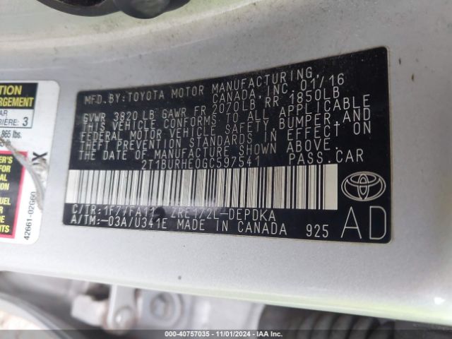 2T1BURHE0GC597541 Toyota COROLLA L