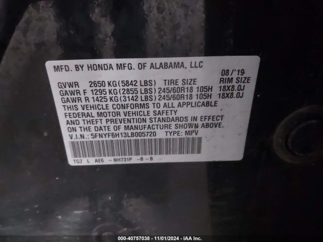 5FNYF6H13LB005720 Honda Pilot Awd Lx