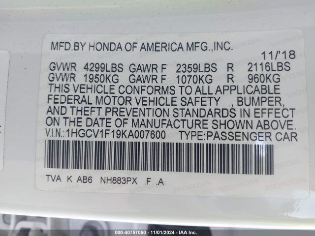 Honda ACCORD LX 2019 1HGCV1F19KA007600 Image 9