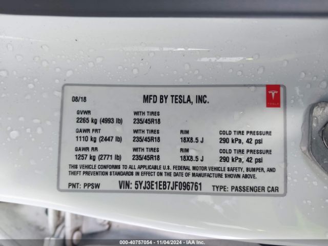 5YJ3E1EB7JF096761 Tesla Model 3 Long Range/performance
