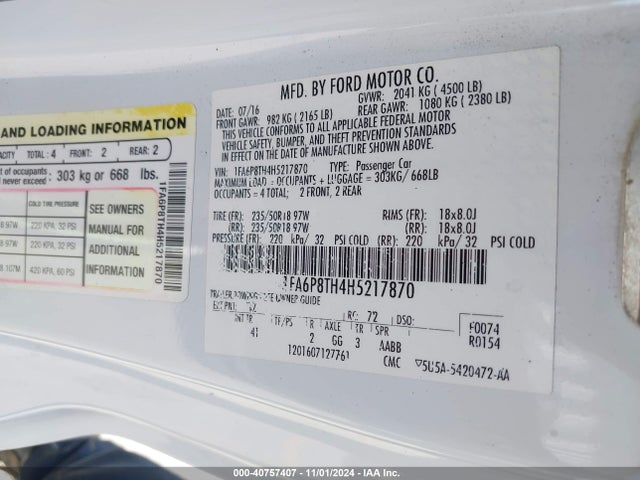 Ford Mustang Ecoboost 2017 1FA6P8TH4H5217870 Image 9