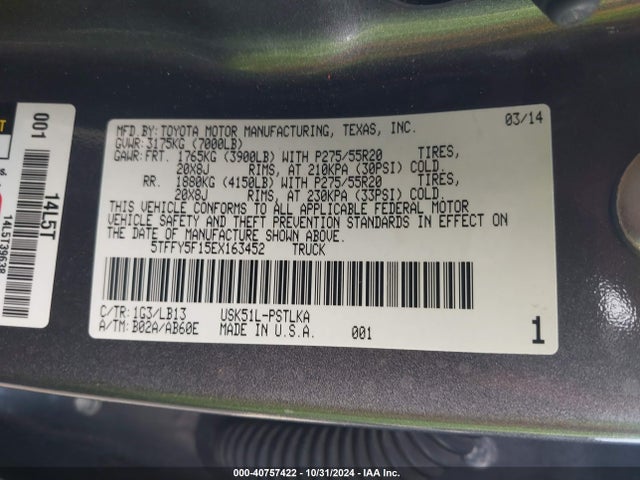 5TFFY5F15EX163452 Toyota Tundra Limited 5.7l V8