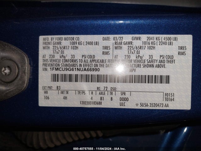 Ford ESCAPE SE 2022 1FMCU9G61NUA66990 Image 9