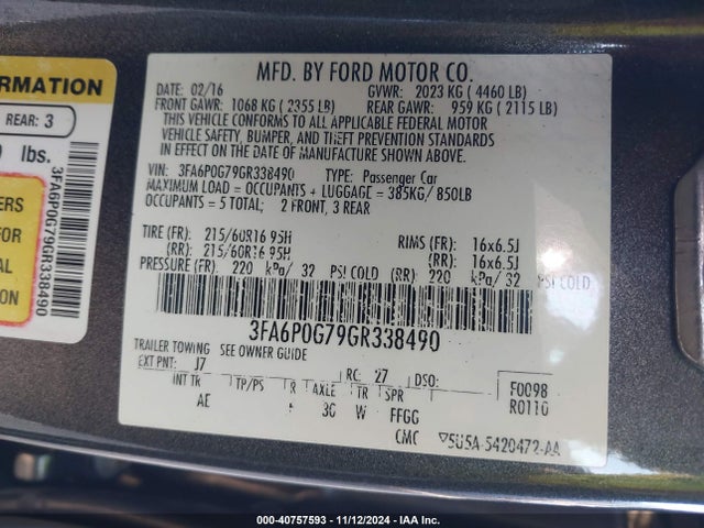 Ford FUSION S 2016 3FA6P0G79GR338490 Image 9