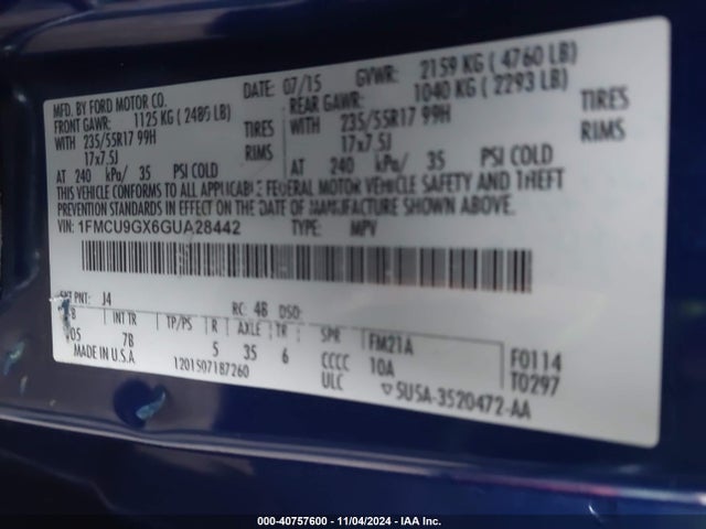 Ford ESCAPE SE 2016 1FMCU9GX6GUA28442 Image 9