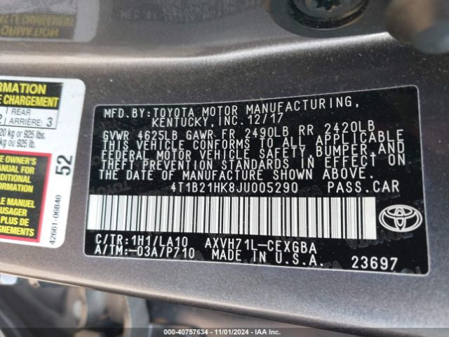 4T1B21HK8JU005290 Toyota Camry Hybrid Xle