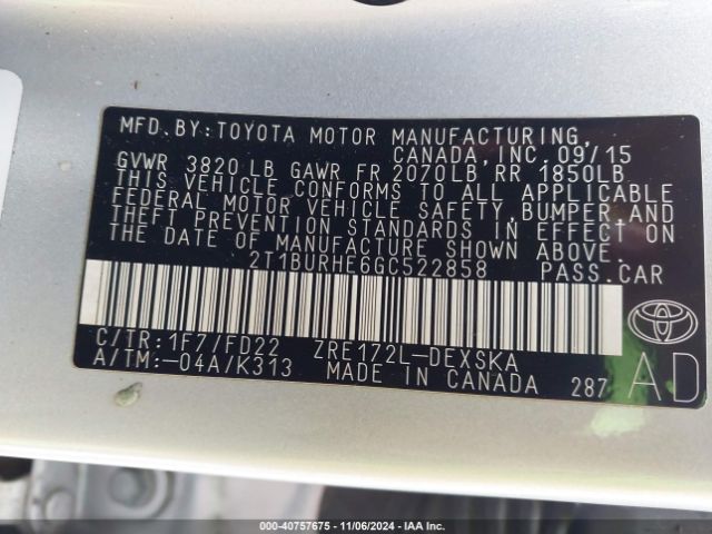 2T1BURHE6GC522858 Toyota Corolla S