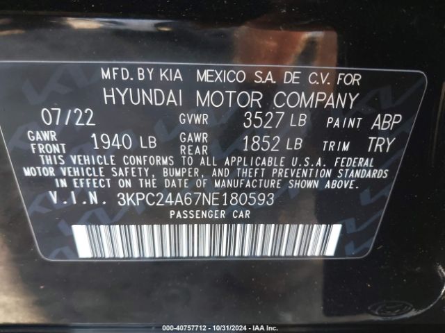 3KPC24A67NE180593 Hyundai Accent Sel