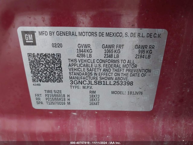 Chevrolet Trax Fwd Lt 2020 3GNCJLSB1LL253398 Image 9