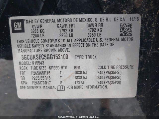 3GCUKSEC5GG152100 Chevrolet Silverado 1500 2lz