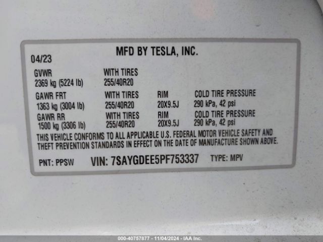 7SAYGDEE5PF753337 Tesla Model Y Awd/long Range Dual Motor All-wheel Drive