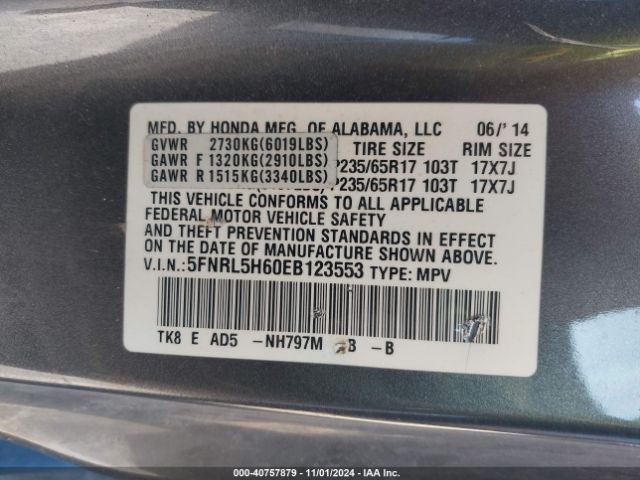 5FNRL5H60EB123553 Honda Odyssey Ex-l