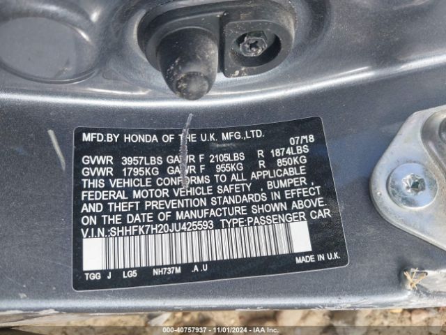 SHHFK7H20JU425593 Honda Civic Lx