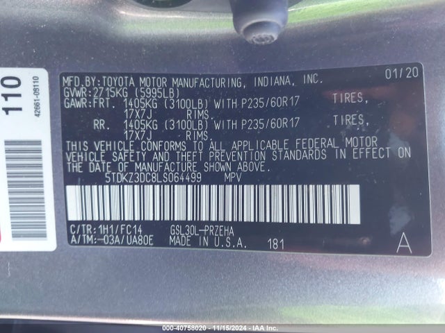 5TDKZ3DC8LS064499 Toyota SIENNA LE