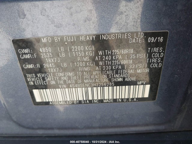 4S4BSENC3H3256285 Subaru Outback 3.6r Limited