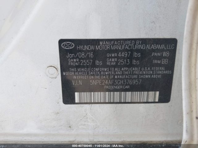 5NPE24AF3GH376957 Hyundai SONATA SE