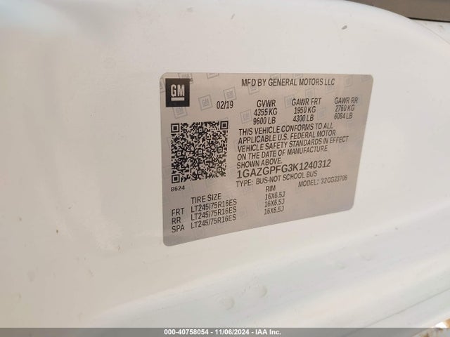 Chevrolet Express 3500 Lt 2019 1GAZGPFG3K1240312 Image 9