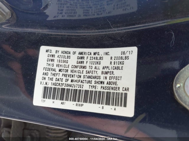 Honda ACCORD LX 2017 1HGCR2F3XHA257352 Image 9