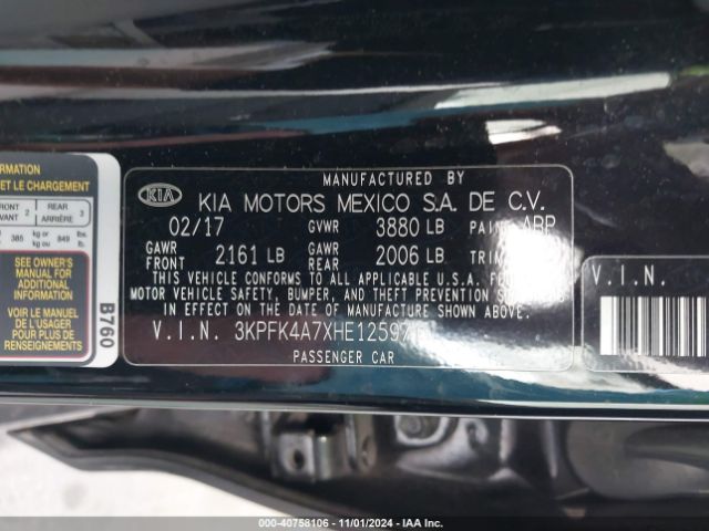 3KPFK4A7XHE125971 KIA FORTE LX