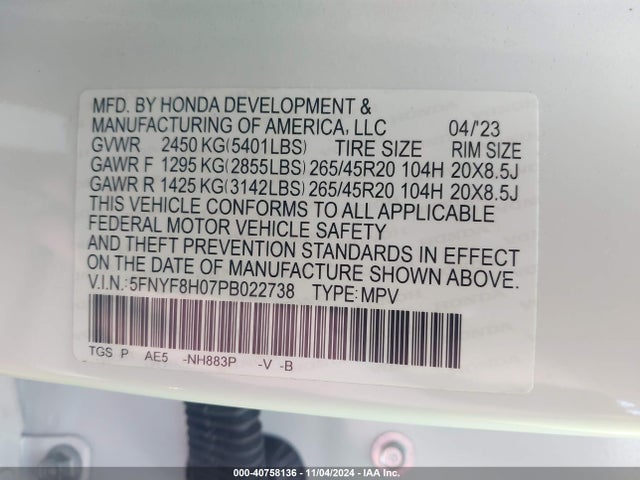 Honda Passport Awd Elite 2023 5FNYF8H07PB022738 Image 9