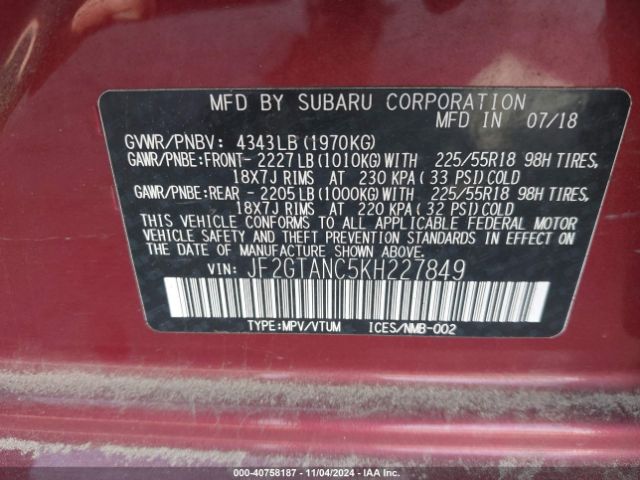JF2GTANC5KH227849 Subaru Crosstrek 2.0i Limited