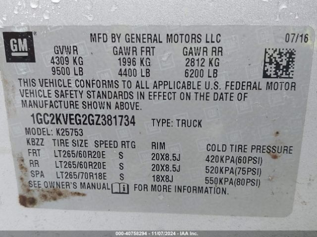 1GC2KVEG2GZ381734 Chevrolet Silverado 2500hd Lt