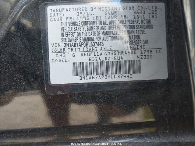 3N1AB7AP0HL637443 Nissan Sentra S/sl/sr/sv