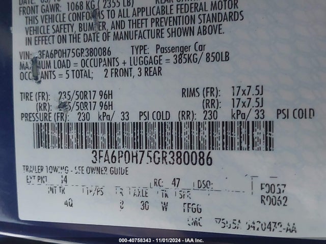 Ford FUSION SE 2016 3FA6P0H75GR380086 Image 9