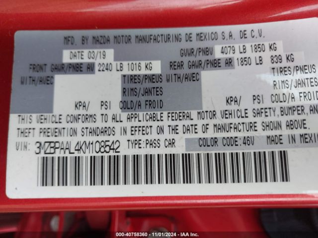 3MZBPAAL4KM108542 Mazda Mazda3 Select Package