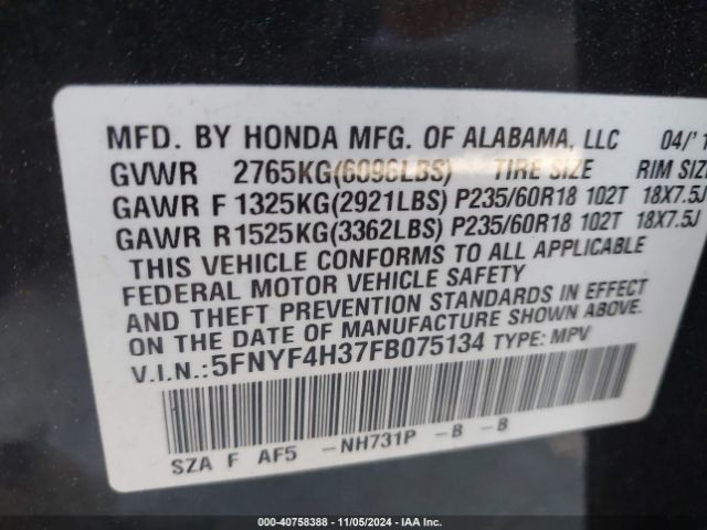 5FNYF4H37FB075134 Honda PILOT SE