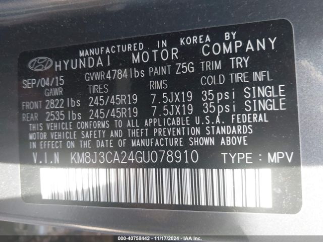 KM8J3CA24GU078910 Hyundai Tucson Limited