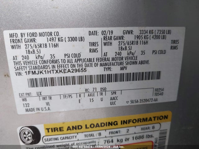 1FMJK1HTXKEA29655 Ford Expedition Max Xlt