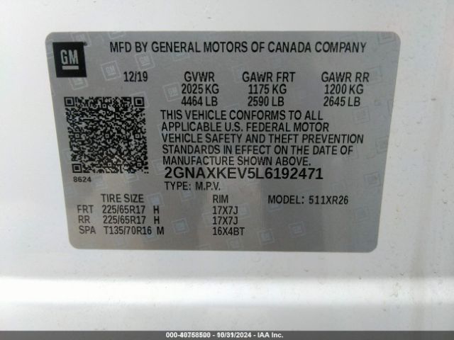 2GNAXKEV5L6192471 Chevrolet Equinox Fwd Lt 1.5l Turbo