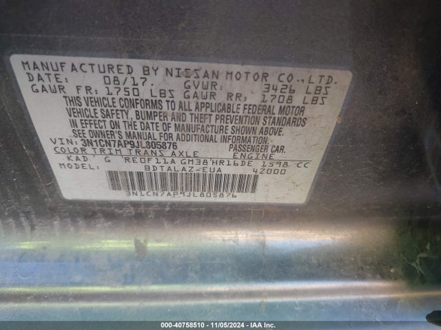 Nissan Versa 1.6 S+ 2018 3N1CN7AP9JL805876 Image 9