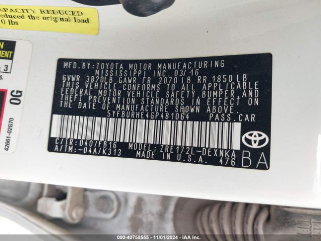 5YFBURHE4GP481064 Toyota COROLLA LE