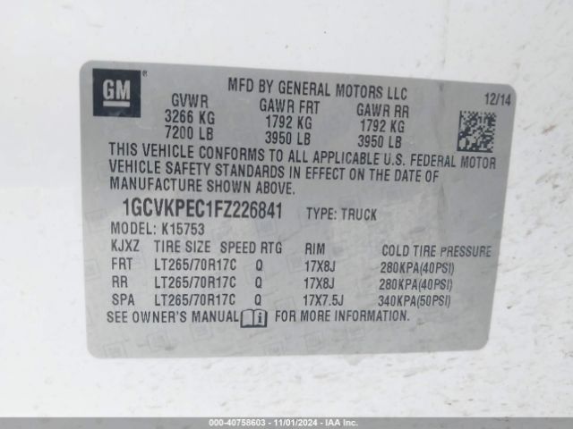 1GCVKPEC1FZ226841 Chevrolet Silverado 1500 Wt